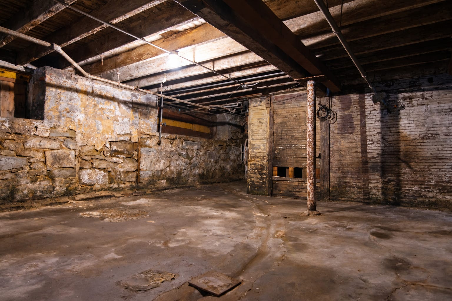 Damp unfinished stone basement with water on the concrete floor