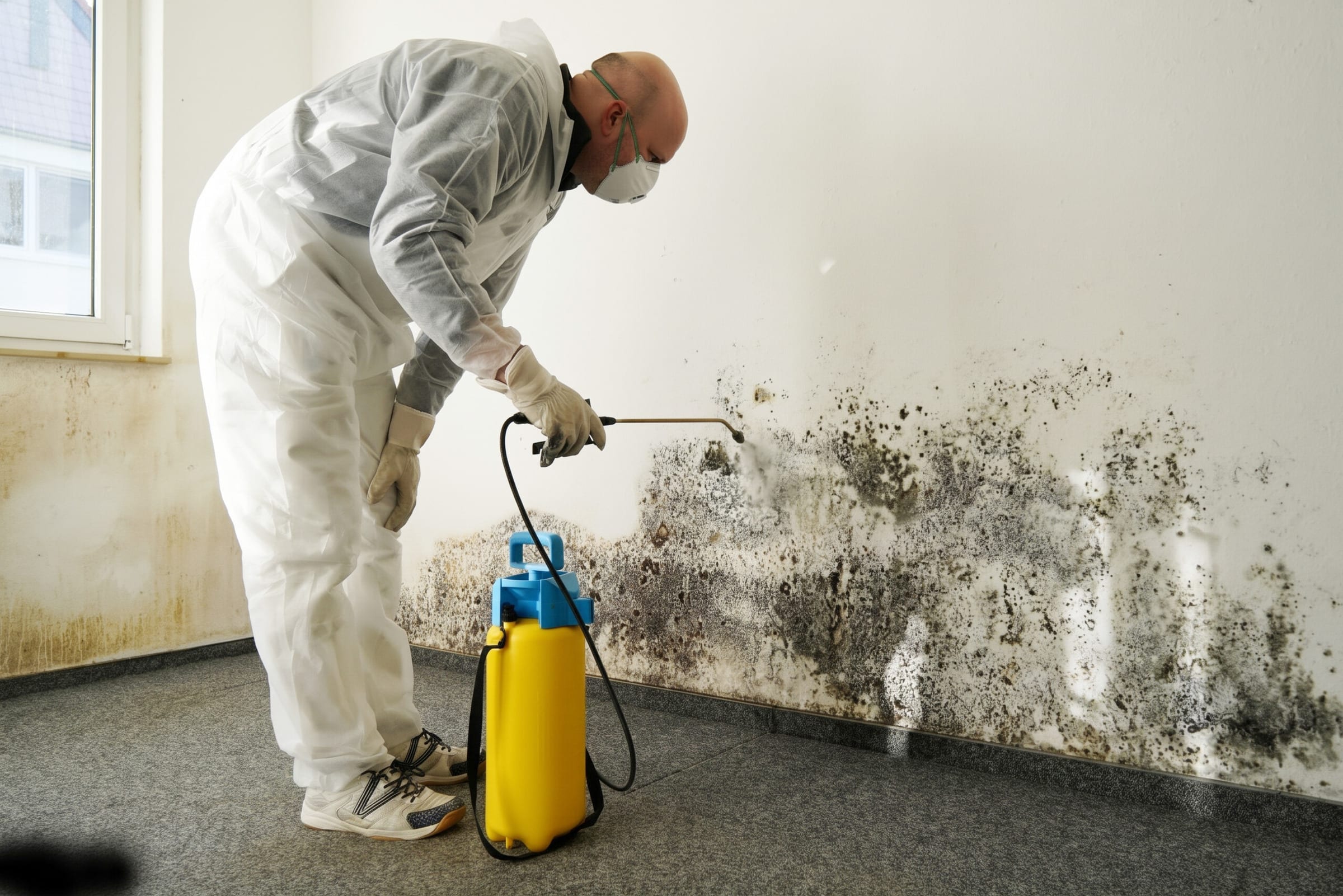 Technician in a protective suit spraying mold along a wall with a pump sprayer