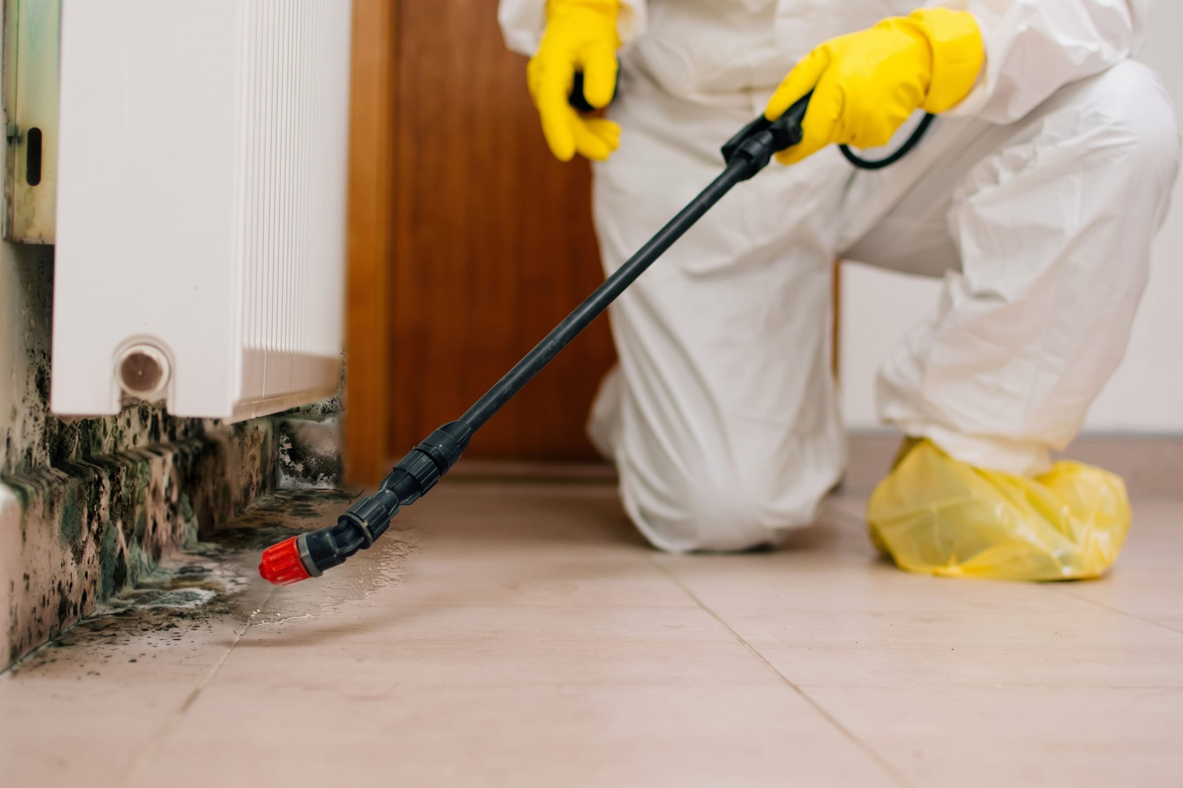 Technician in a protective suit and yellow gloves spraying mold at the base of a wall