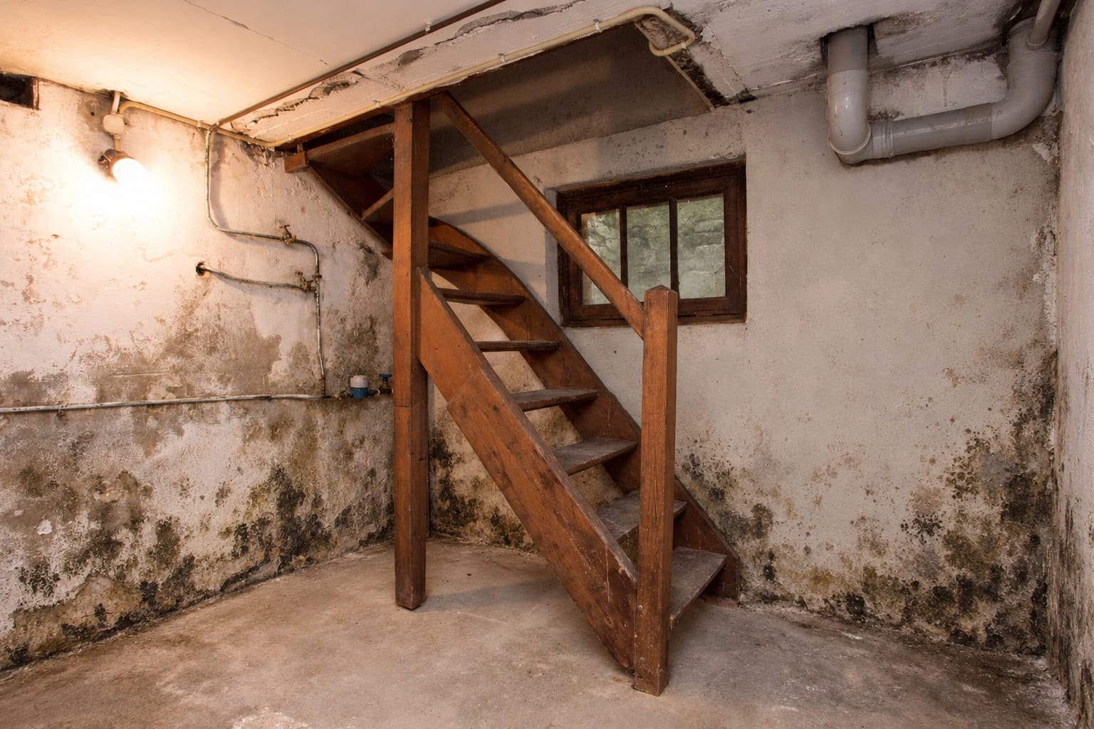 Unfinished basement with concrete walls, wooden stairs and a small window