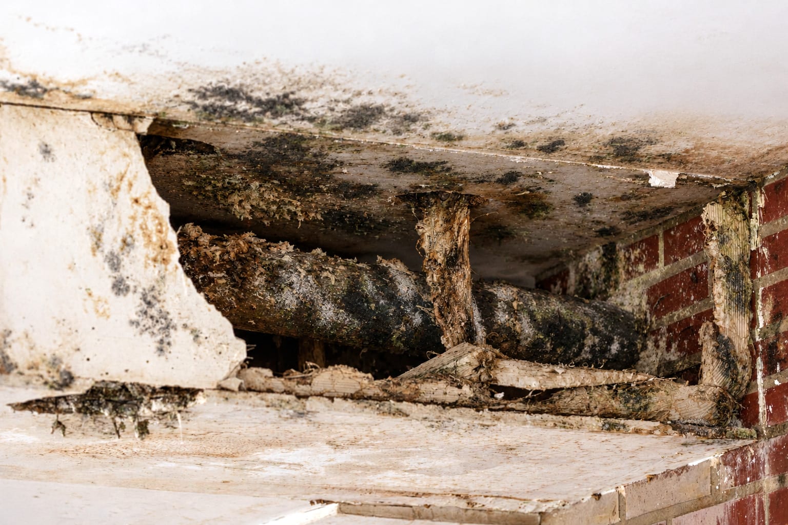 Water-damaged ceiling opened up to expose wet, moldy framing